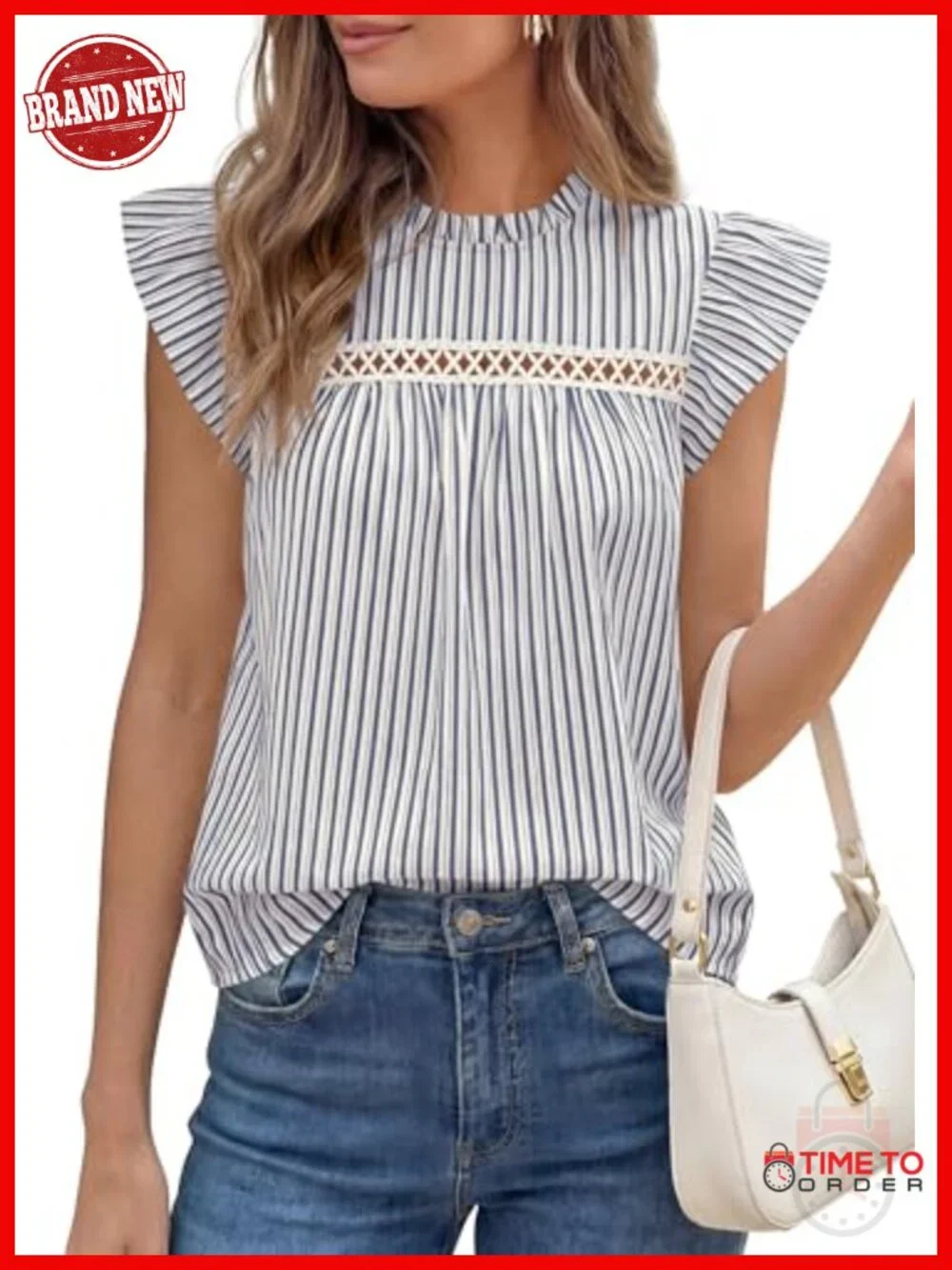 Striped Crochet Lace Ruffle Cap Sleeve Blouse Summer Business Casual Work Top